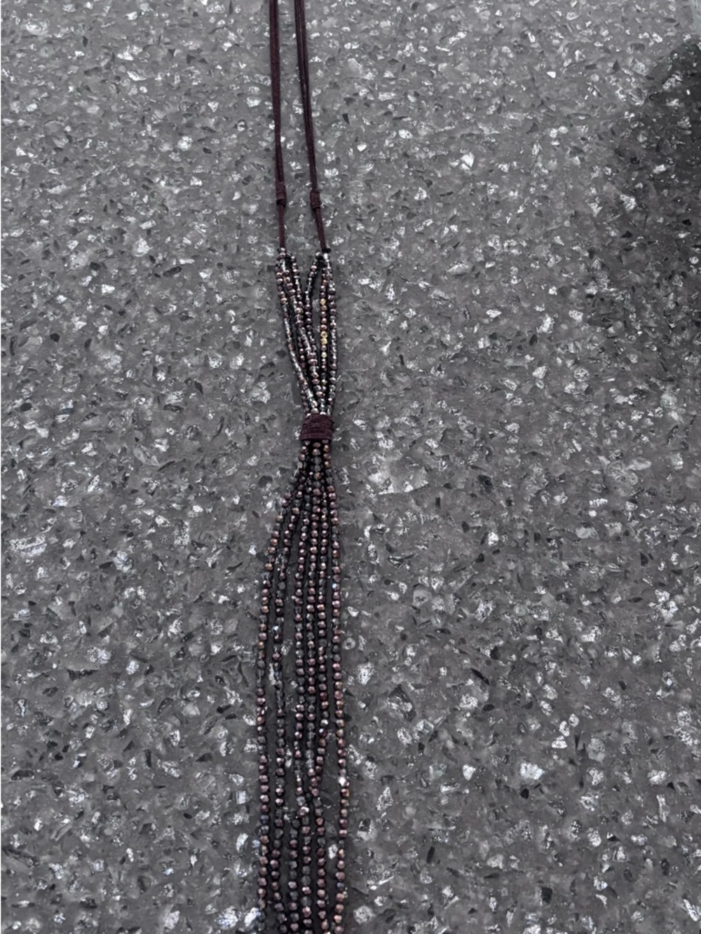 Long Multi-Strand Beaded Tassel Necklace in Dark Brown suede